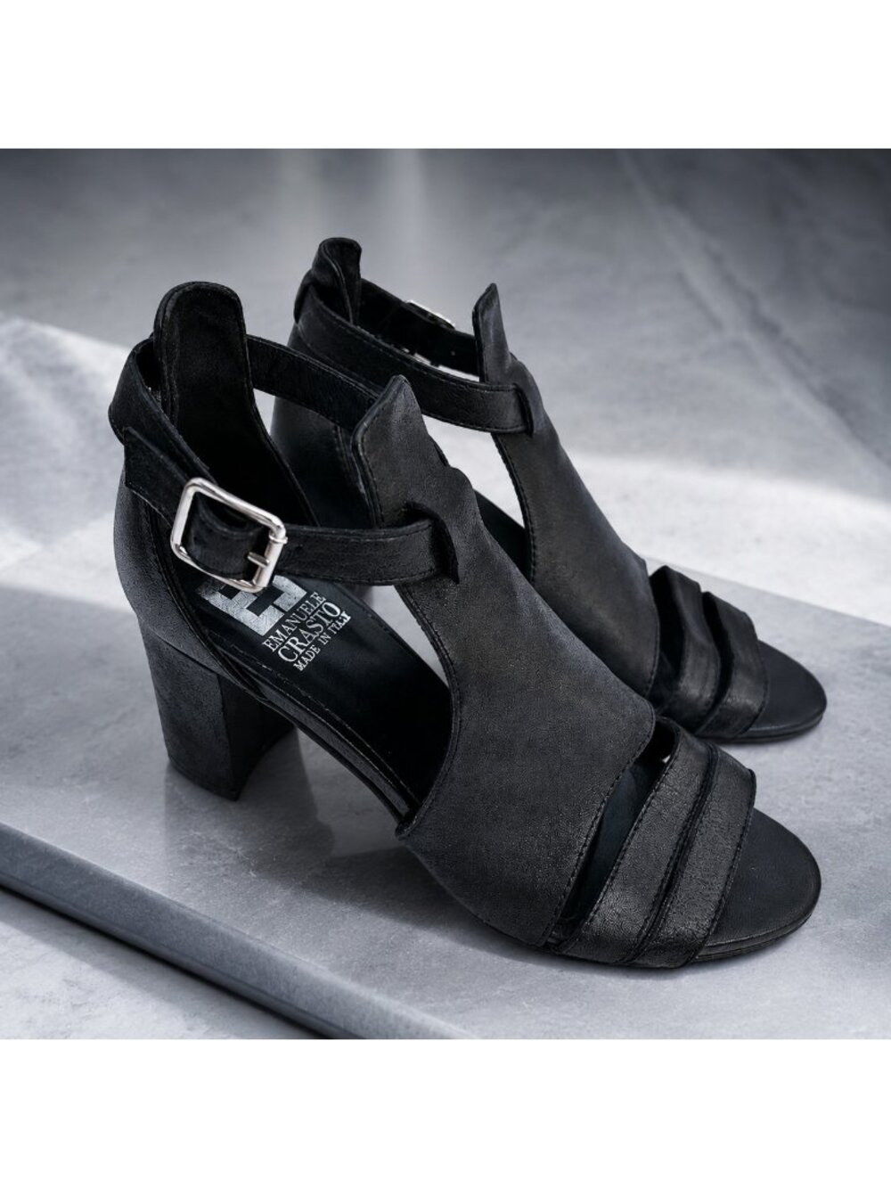 Emanuele Crasto Black Soft Leather Strappy Heeled Sandals Womens Size 7.5 Italy